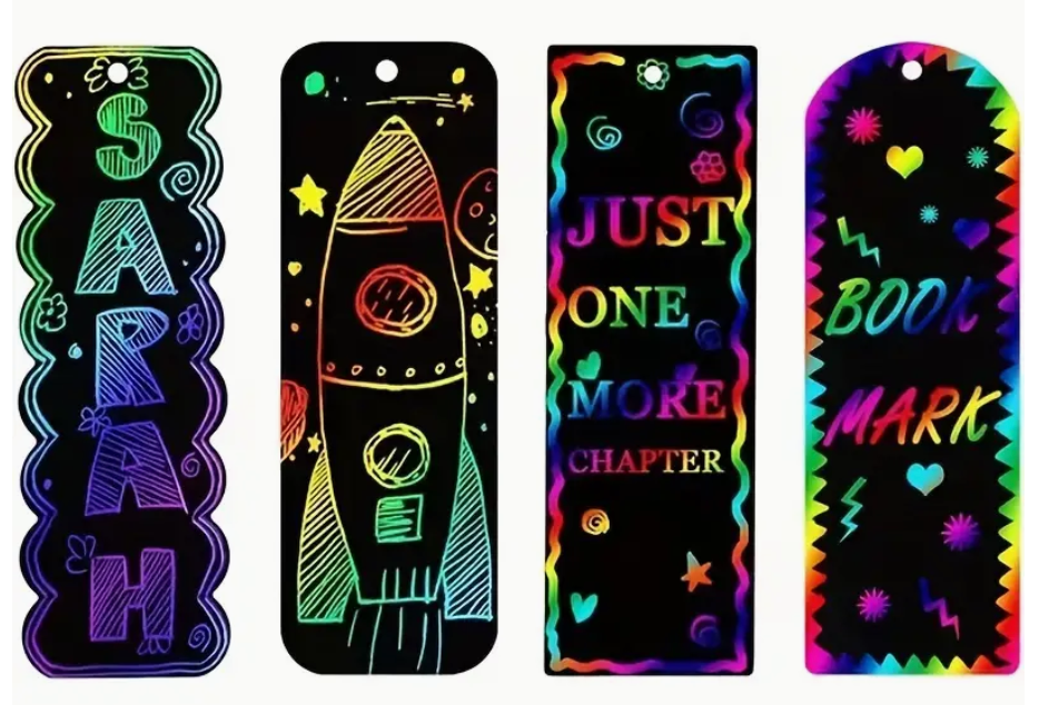 DIY rainbow scratch paper bookmark kit with 3 bookmarks, 3 ribbons, and a wooden scratch pen for designing colorful personalized bookmarks.
