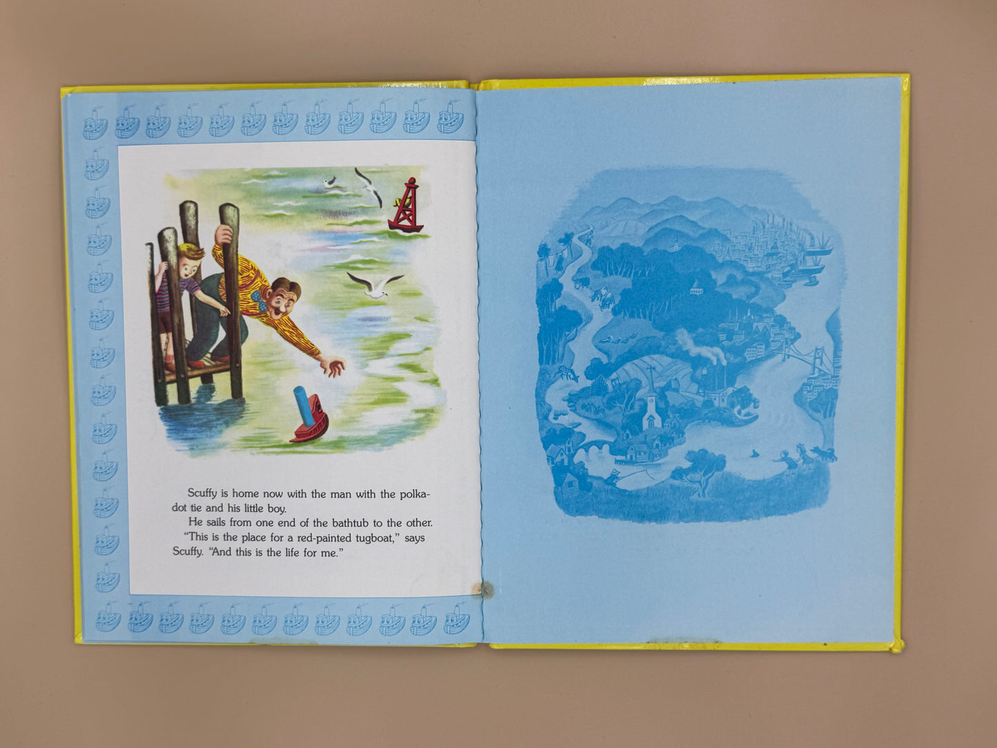 Open book with illustrations and text on a beige background