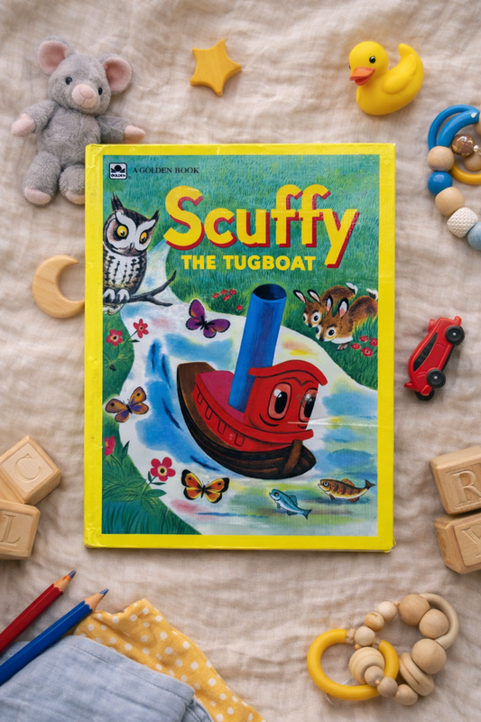 Children's book titled 'Scuffy the Tugboat' surrounded by toys on a textured surface