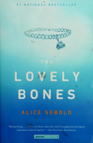 Book cover of 'The Lovely Bones' by Alice Sebold with a blue gradient and necklace illustration.