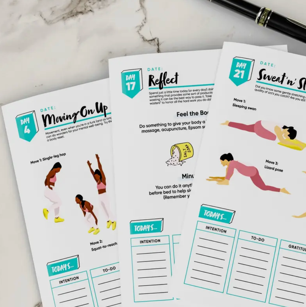 30-day self-care journal open to pages for reflection, mood tracking, sleep log, and daily self-love prompts.