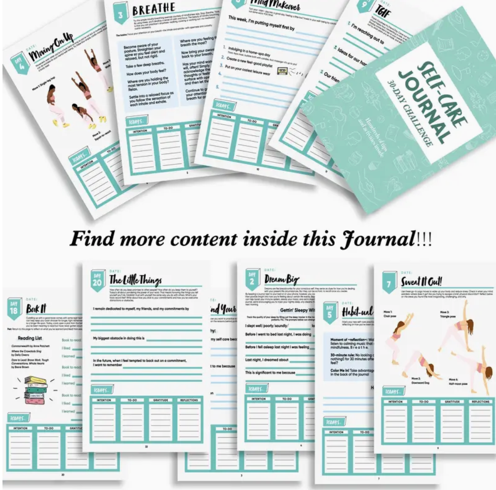 30-day self-care journal open to pages for reflection, mood tracking, sleep log, and daily self-love prompts.