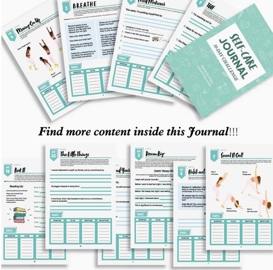 30-day self-care journal open to pages for reflection, mood tracking, sleep log, and daily self-love prompts.