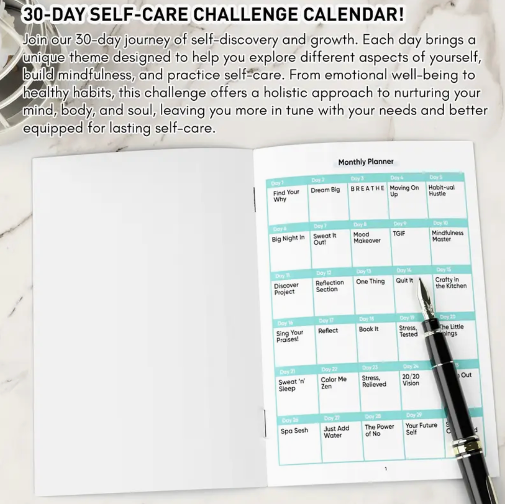 30-day self-care journal open to pages for reflection, mood tracking, sleep log, and daily self-love prompts.