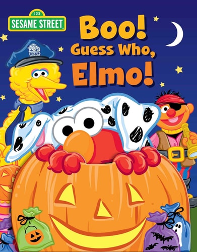 Sesame Street book cover with Elmo in a pumpkin, surrounded by ghosts and a pirate, on a blue night sky background.