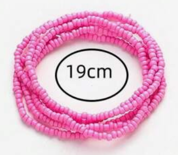 Pink beaded necklace with a measurement label indicating length on a white background