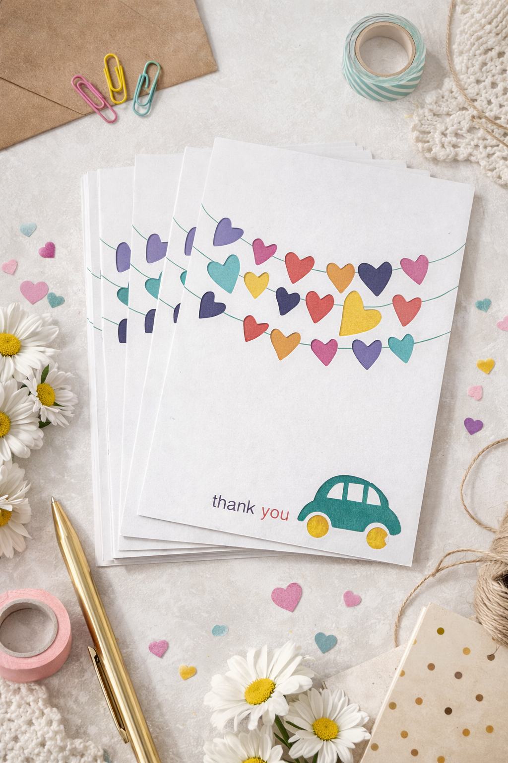 Set of five thank you greeting cards with colorful heart banner design and envelopes displayed in a flat lay with daisies and stationery.