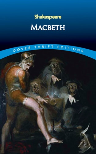 Book cover of 'Macbeth' by Shakespeare featuring a painting of a man with three witches.
