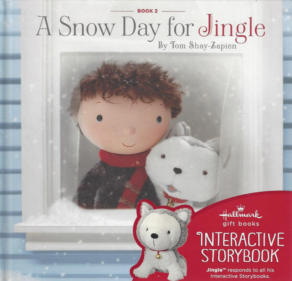 Book cover of 'A Snow Day for Jingle' with a boy and dog in front of a snowy window.