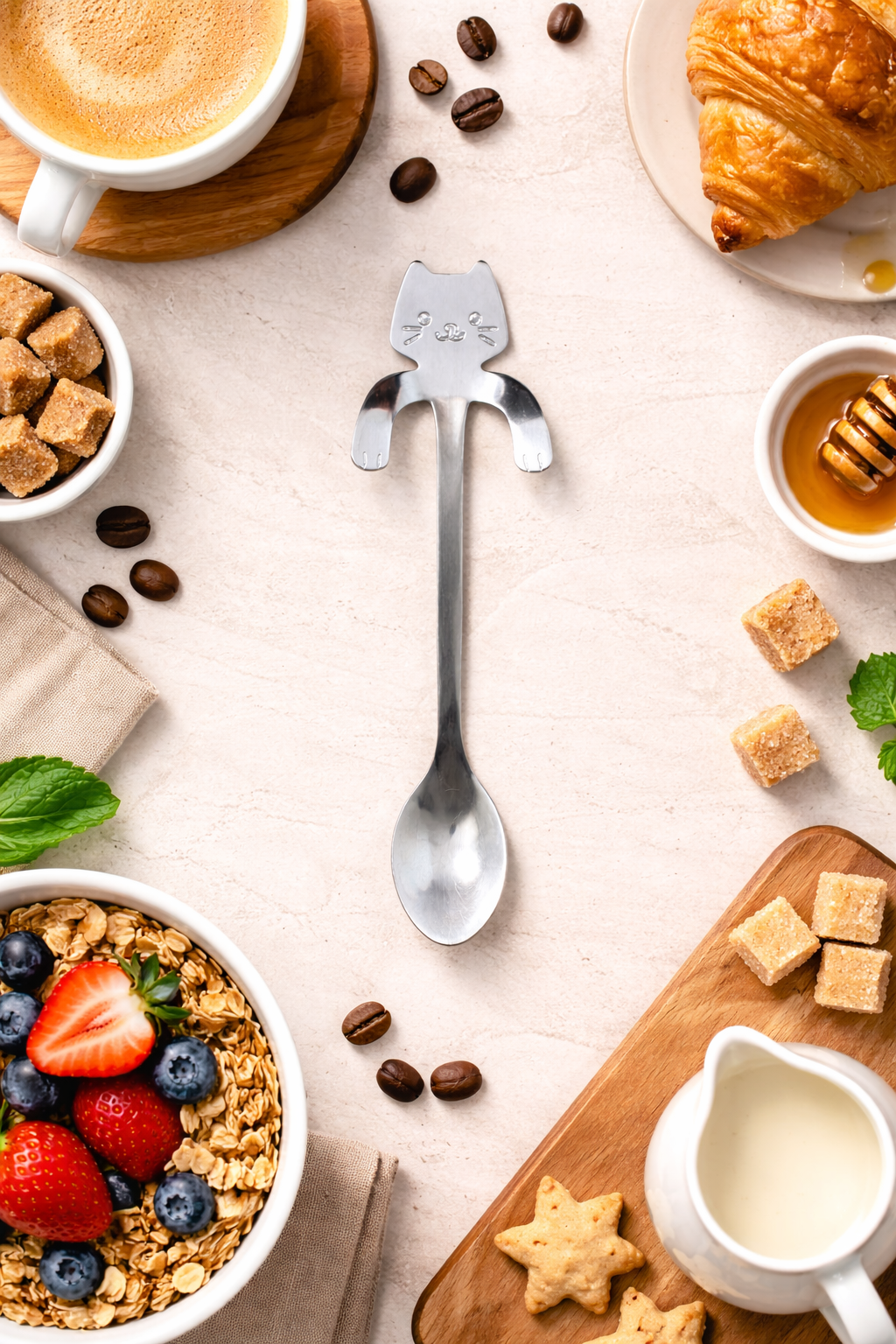 Silver stainless steel kawaii cat spoon styled in a breakfast flat lay with coffee, croissant, honey, sugar cubes, granola, and fresh berries.