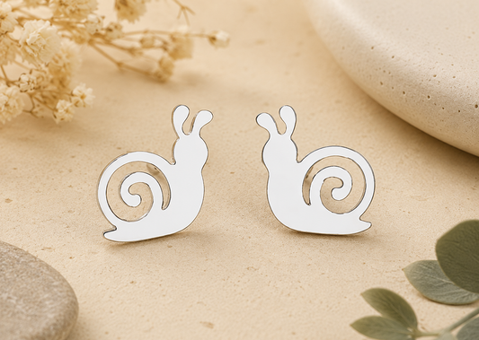 Small silver snail stud earrings with spiral shell design displayed on a neutral background with soft floral accents