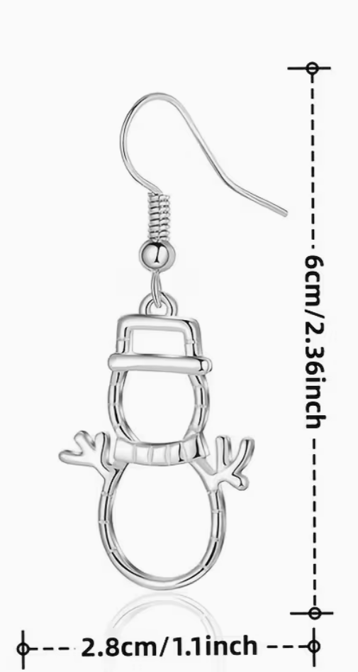 Silver snowman-shaped earrings with measurements on a white background