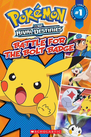 Pokémon: Battle for the Bolt Badge by Simcha Whitehill, a full-color comic reader featuring Ash, Pikachu, and Elesa.