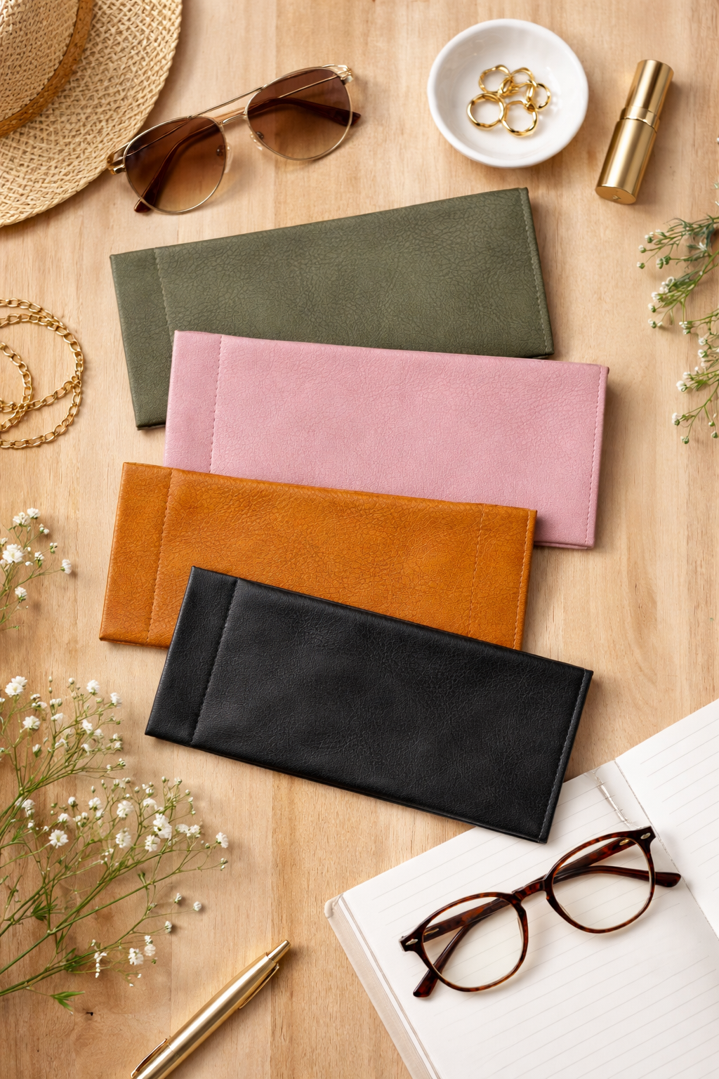 Slim faux leather reading and sunglasses holders in black, camel, blush pink, and olive green displayed in a stylish flat lay with accessories.