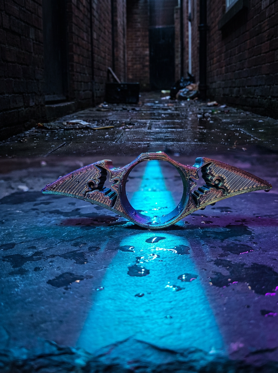 Decorative object with a glowing blue center on a wet, reflective surface in an alleyway.