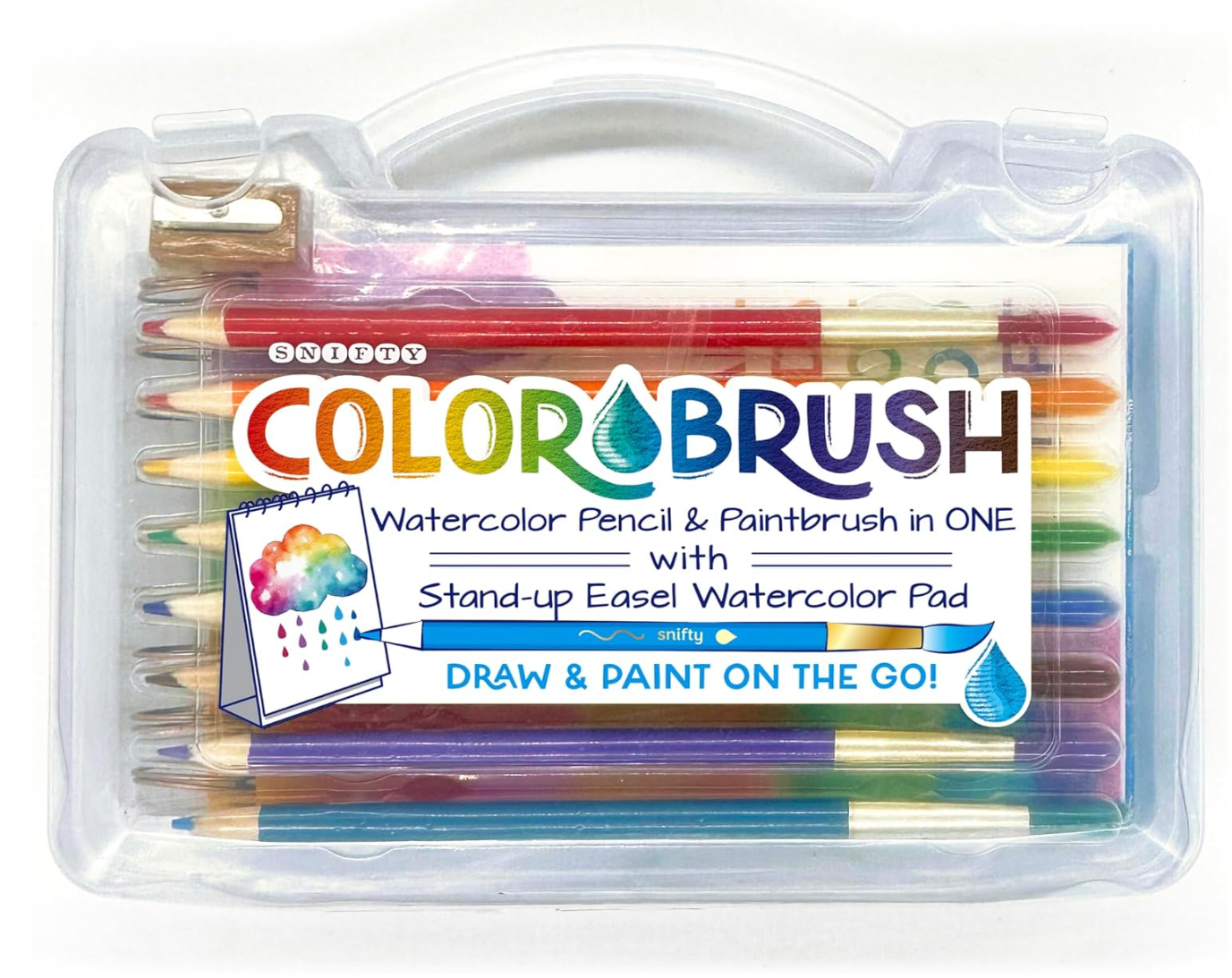 Snifty Color Brush watercolor art kit with watercolor pencil and paintbrush combination tools, stand-up watercolor easel pad, sharpener, and portable carrying case.