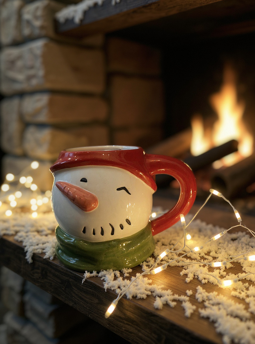 ceramic snowman mug with red hat handle on a snowy mantle with holiday lights and fireplace in background