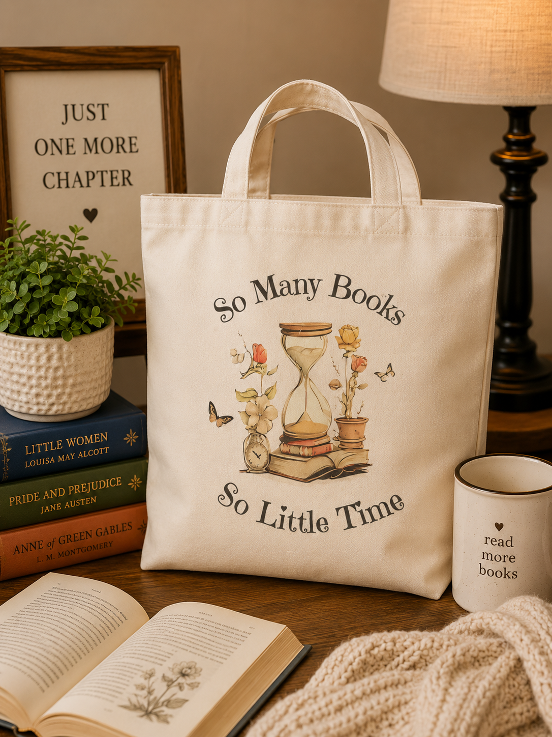 Natural canvas tote bag featuring the phrase "So Many Books So Little Time" with vintage books, an hourglass, flowers, and butterflies in a cozy reading-themed setting.