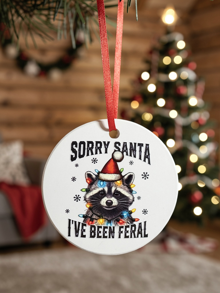 Round ceramic ornament with raccoon wearing Santa hat and Christmas lights, hanging on a Christmas tree.