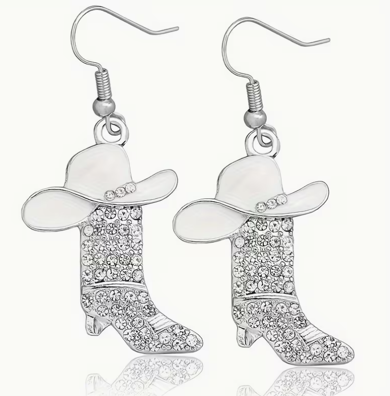 Silver-tone sparkling western drop earrings featuring rhinestone cowboy boots and cowboy hats