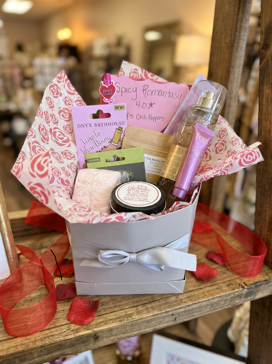 Spicy romantasy themed gift basket in a gray box with ribbon, filled with self-care items, bath products, body spray, candle, and rose-pattern tissue paper, displayed on a wooden shelf with red ribbon and rose petals.