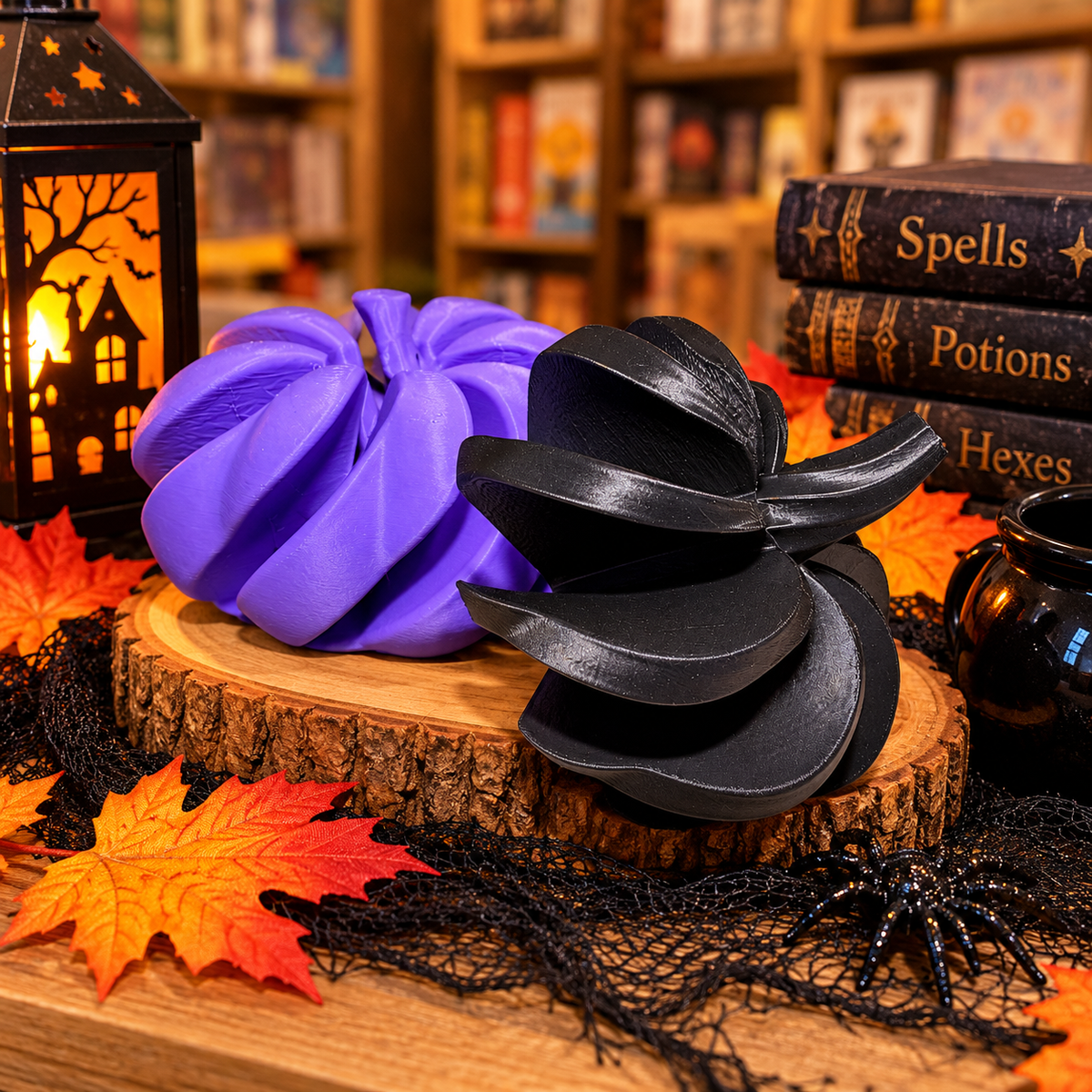 Black and purple 3D printed spiral pumpkin fidgets featuring a dimensional design with overlapping curved sections.