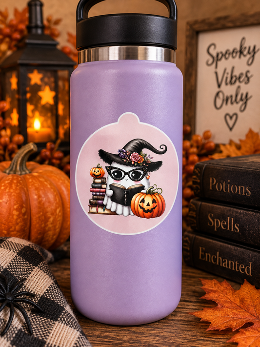 Spooky witch reading ghost 3 inch Halloween sticker with floral witch hat glasses books and jack-o-lanterns
