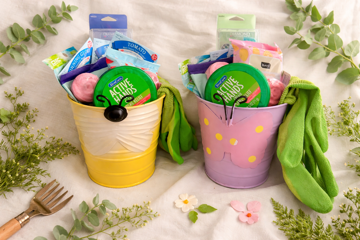 Two colorful buckets with gardening tools and supplies on a light background with greenery.