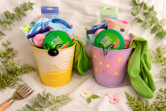 Two colorful buckets with gardening tools and supplies on a light background with greenery.