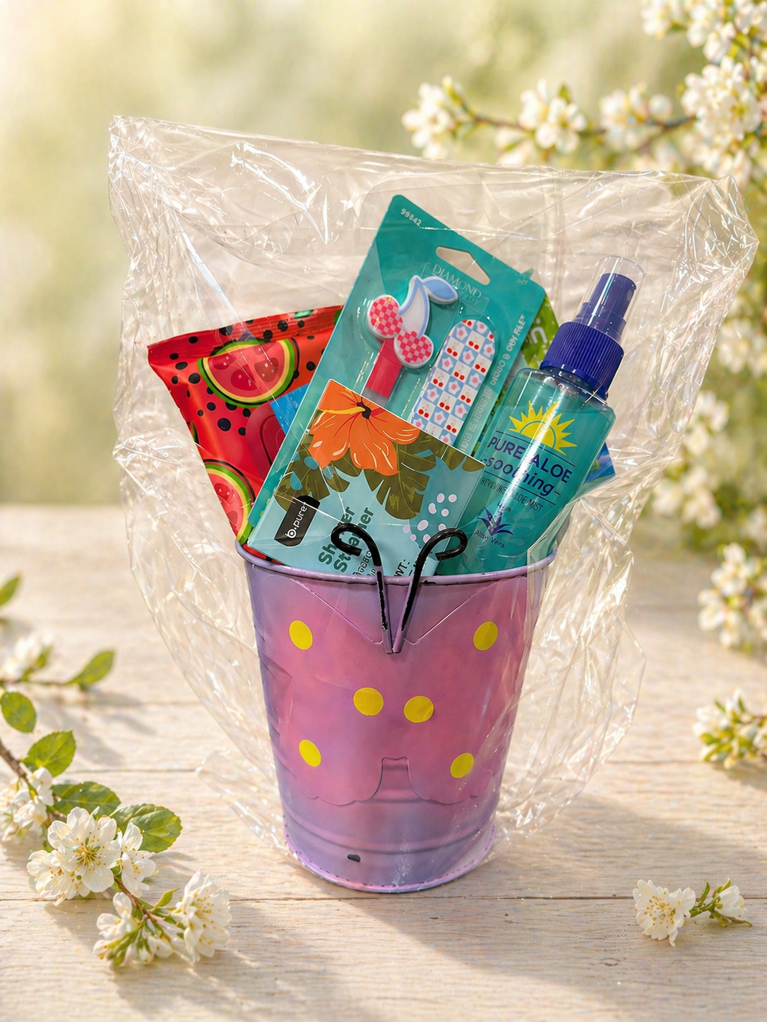 Small spring-themed gift basket in a mini metal bucket with polka dots, filled with self-care items and wrapped in clear cellophane with floral background