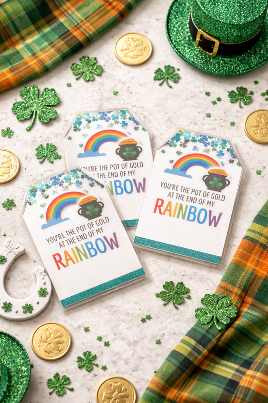 Flat lay of St. Patrick’s Day teacher gift tags reading You’re the Pot of Gold at the End of My Rainbow with rainbow design, shamrocks, gold coins, and plaid accents.
