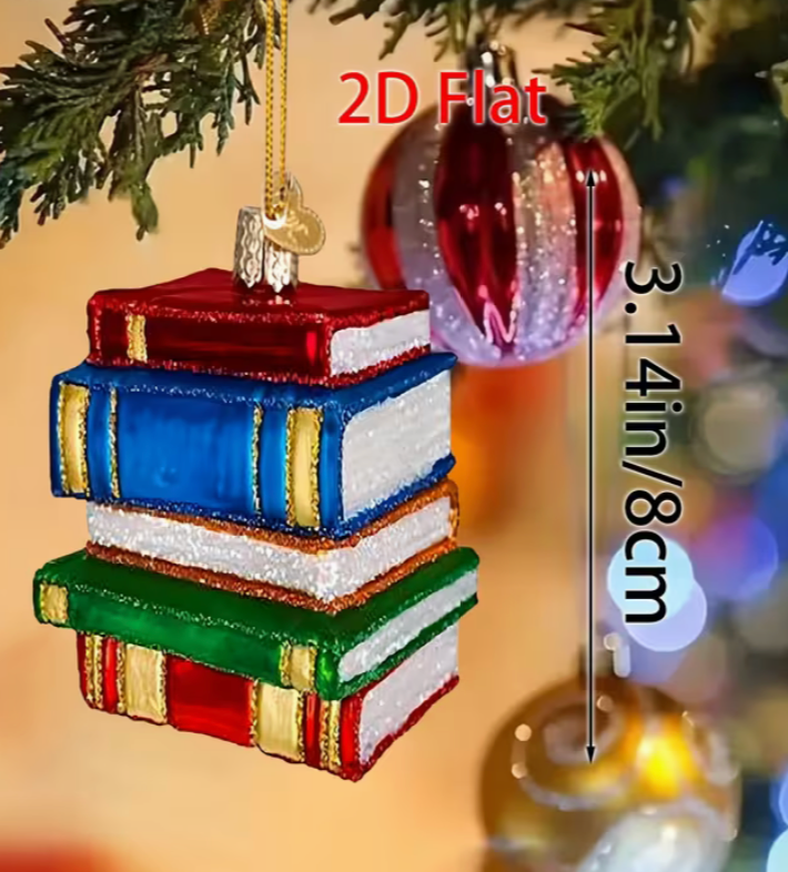 Stack of books ornament with measurements on a blurred Christmas tree background