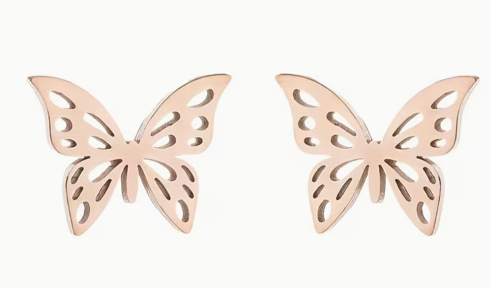 Rose gold stainless steel mini hollow butterfly stud earrings with openwork wings