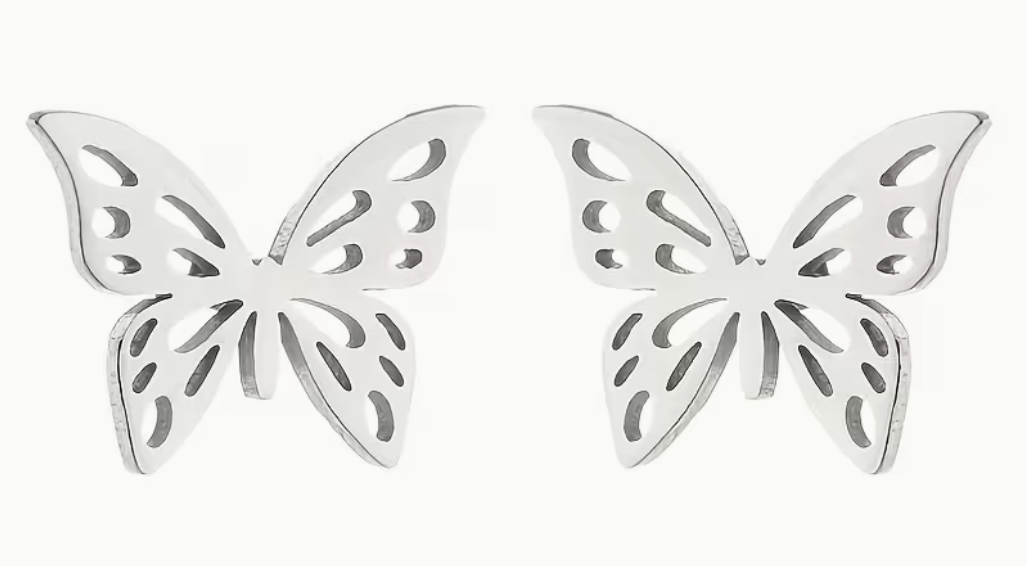 Silver stainless steel mini hollow butterfly stud earrings with openwork wings