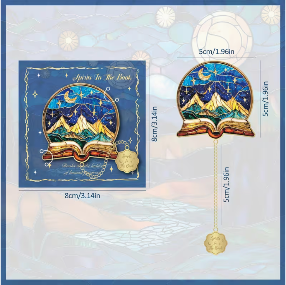 Starry night metal bookmark with open book and mountain design, gold chain and charm with measurements.