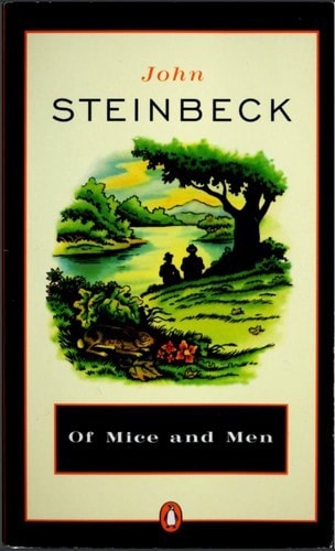 Book cover of 'Of Mice and Men' by John Steinbeck with a landscape illustration and Penguin logo.
