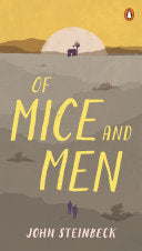 The cover of the book 'Of Mice and Men' by John Steinbeck, featuring a desert landscape with a setting sun and two men walking.