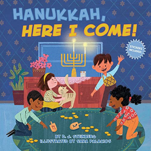 Cover of Hanukkah, Here I Come! by D.J. Steinberg, featuring festive illustrations of children lighting a menorah and playing dreidel.