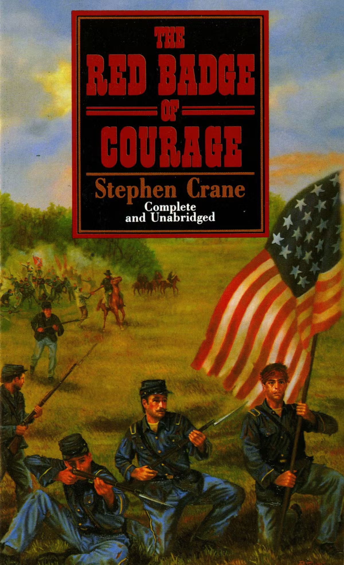 The Red Badge of Courage by Stephen Crane displayed on a bookshelf.
