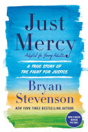 Cover of Just Mercy: Adapted for Young Adults by Bryan Stevenson, featuring bold blue watercolor typography with the subtitle A True Story of the Fight for Justice.