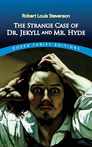 Cover of The Strange Case of Dr. Jekyll and Mr. Hyde by Robert Louis Stevenson, featuring a dual-faced illustration representing Dr. Jekyll and Mr. Hyde​