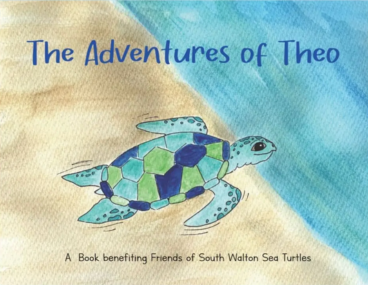 Book cover of 'The Adventures of Theo' with a turtle illustration on sand and water background.
