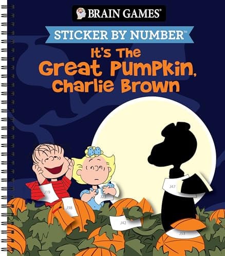 Brain Games Sticker by Number It's the Great Pumpkin Charlie Brown Halloween activity book featuring Peanuts characters.