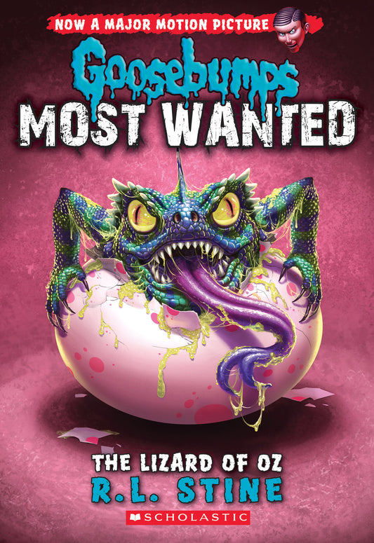 Book cover of 'Goosebumps Most Wanted: The Lizard of Oz' with a dragon-like creature and pink background.