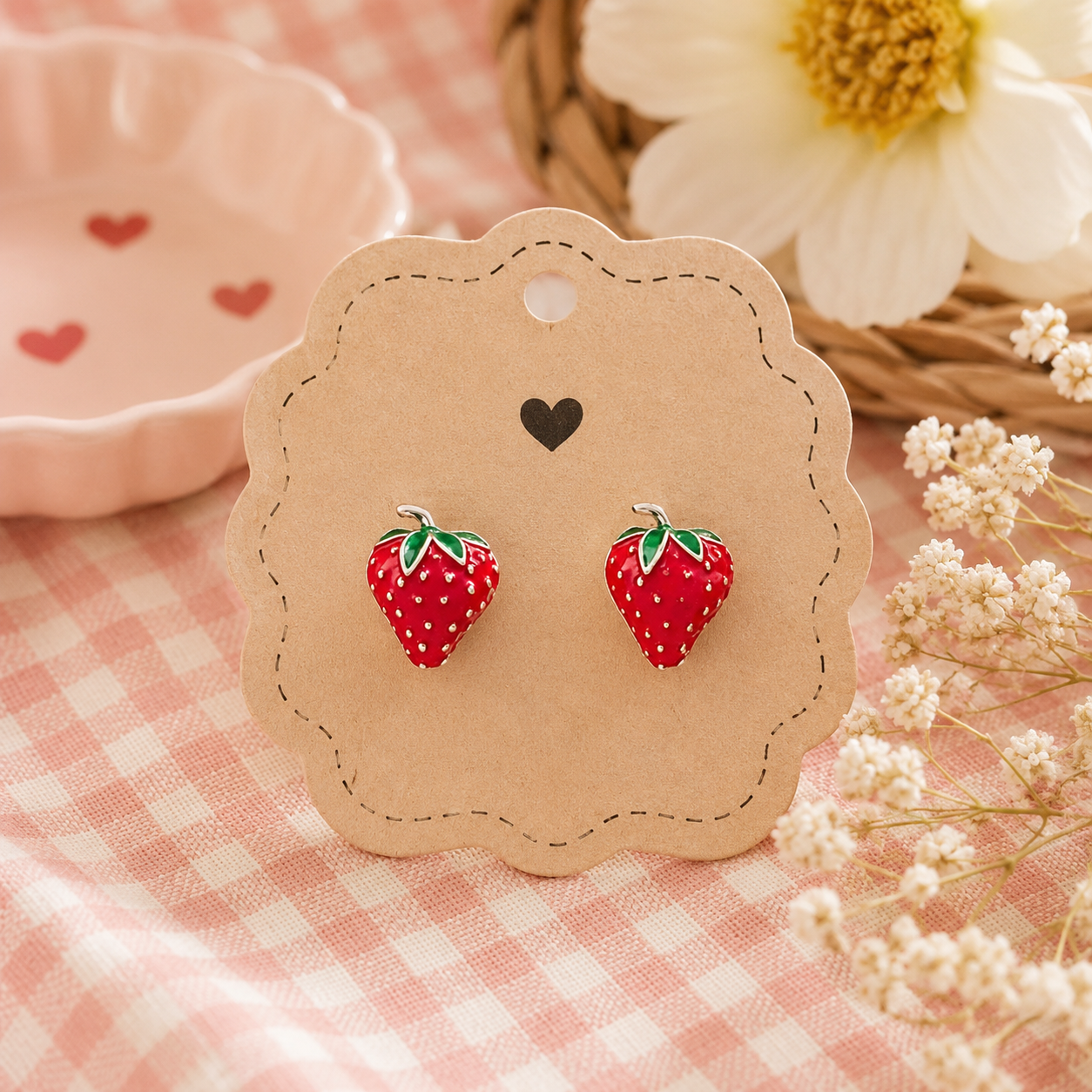 Pair of red enamel strawberry stud earrings with green leaves displayed on a jewelry card against a soft pink gingham background