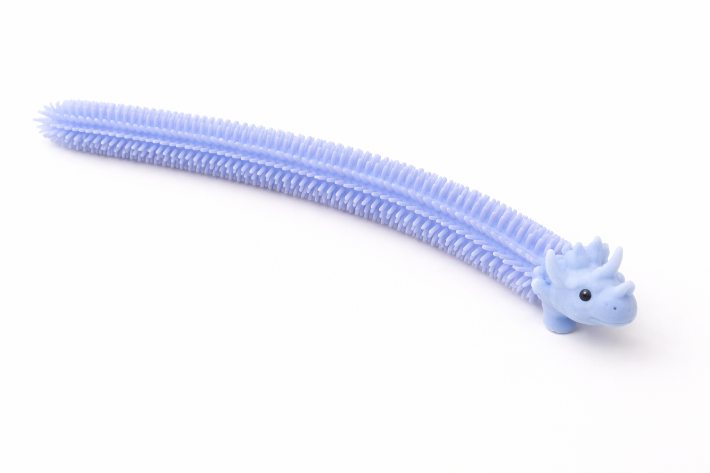 Light blue stretchy spiky fidget toy shaped like a dinosaur, shown extended flat, converts into a sensory bracelet for kids.