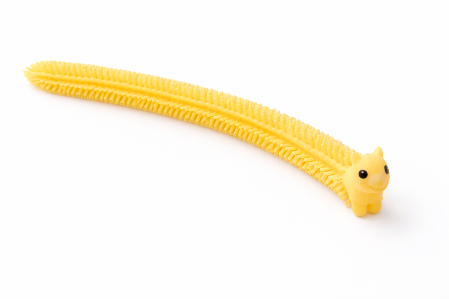 Yellow stretchy spiky fidget toy shaped like a small animal, shown extended flat, converts into a sensory bracelet for kids.