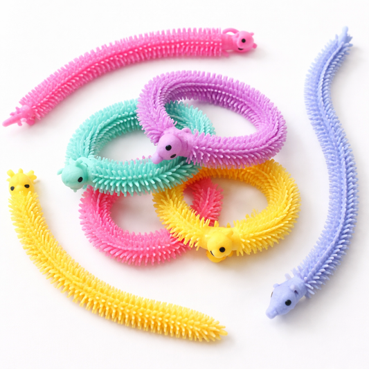 Colorful stretchy snake fidget toys in pink, purple, yellow, mint, and blue that wrap into wearable bracelets on a white background.