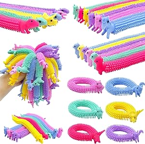 Colorful stretchy snake fidget toys in pink, purple, yellow, mint, and blue that wrap into wearable bracelets on a white background.