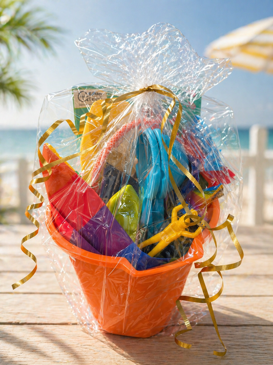 Colorful summer kids gift basket in an orange sand pail filled with beach toys, coloring book, crayons, bubbles, and outdoor play items wrapped in clear gift wrap with ribbon